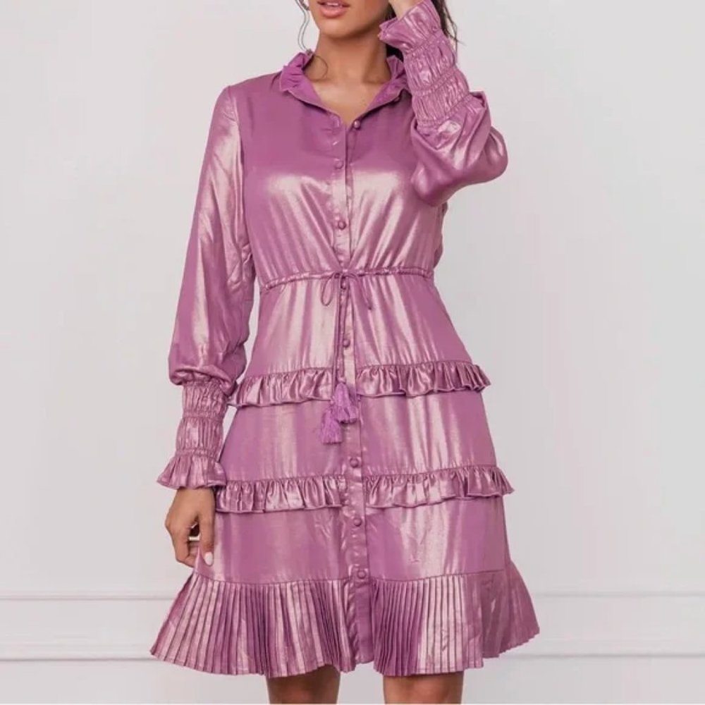 JessaKae Shimmery Pink Long Sleeve Ruffle Tiered Dress